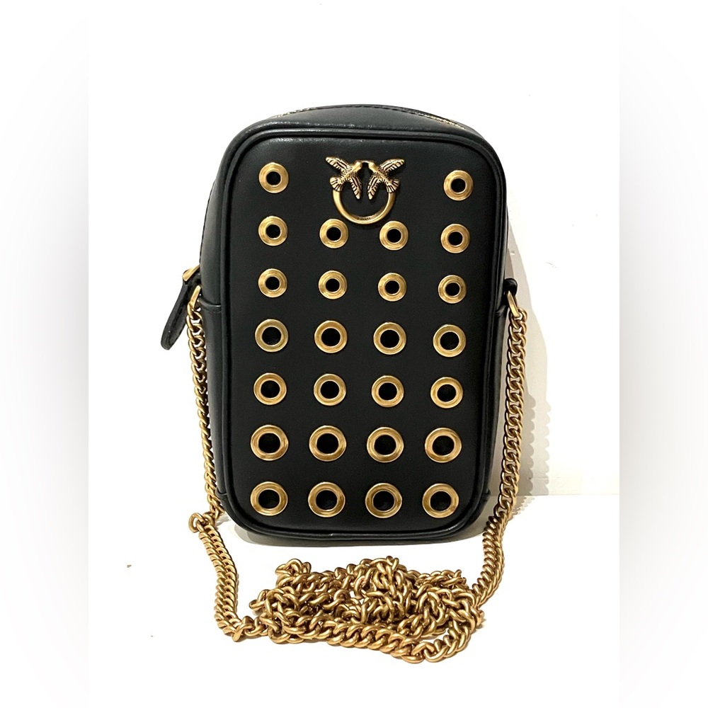 Pinko Black Leather Vertical Phone Bag Chain Strap